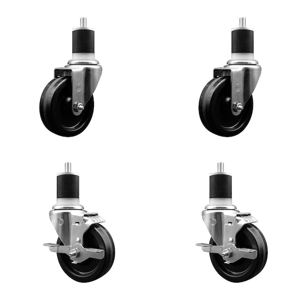4'' Phenolic Wheel Swivel 1-7/8'' Expand Stem Caster Set 2 Brakes, 4PK